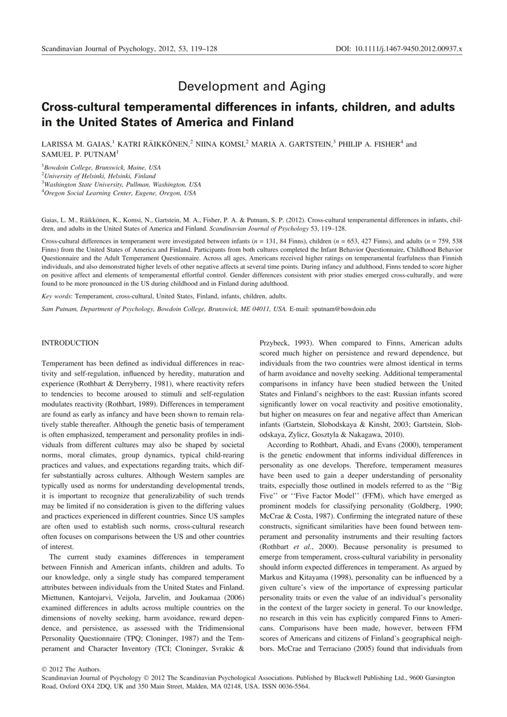 Miniature of Cross-cultural temperamental differences in infants, children, and adults in the United States of America and Finland