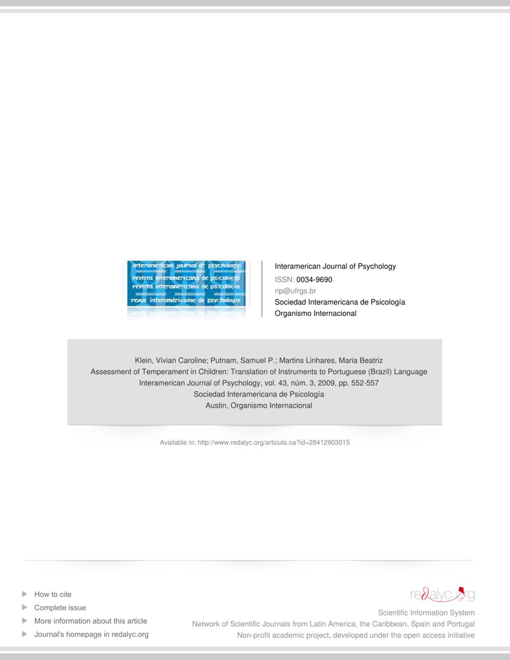 Miniature of Assessment of temperament in children: Translation of instruments to portuguese (Brazil) language