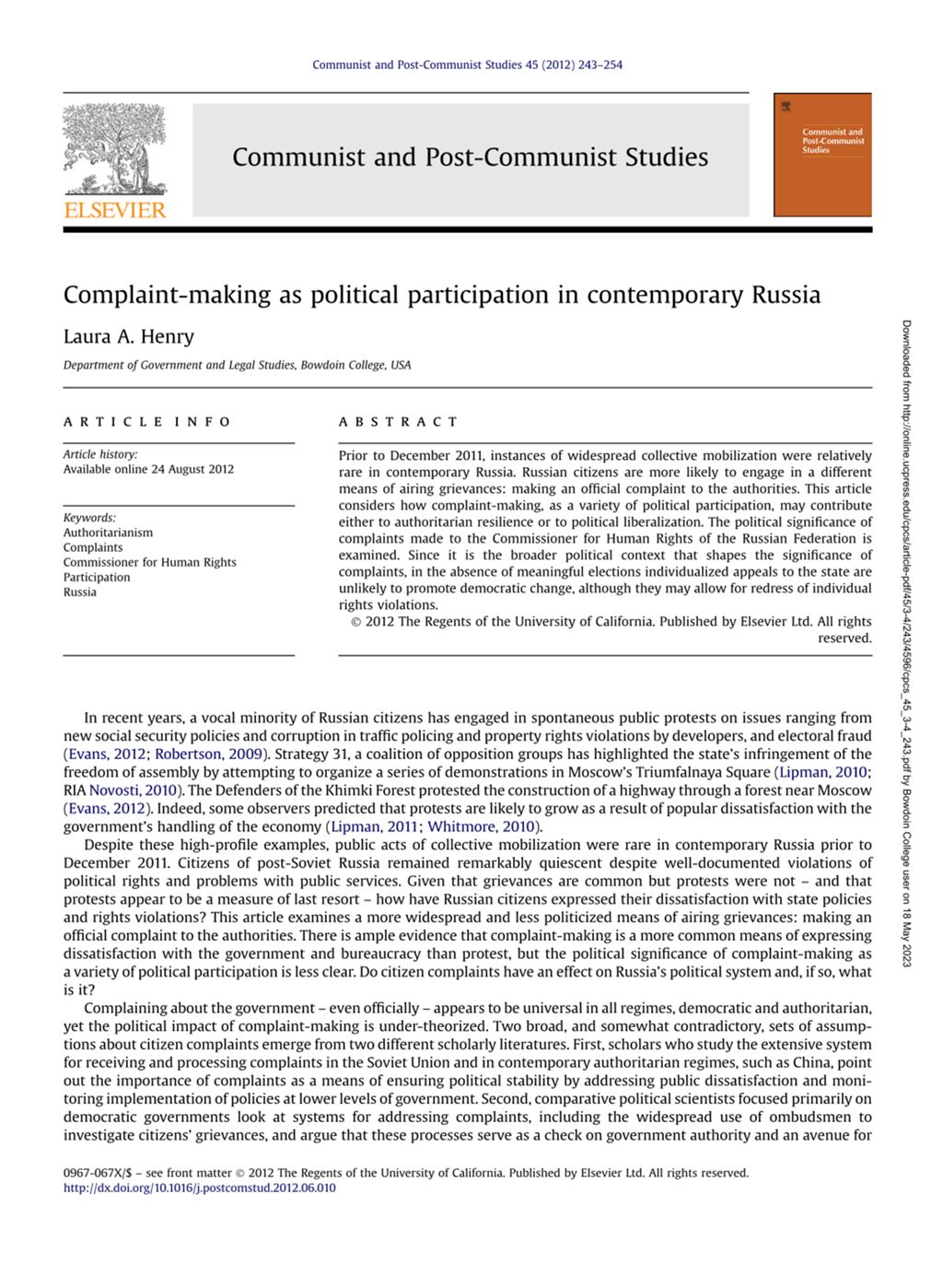 Miniature of Complaint-making as political participation in contemporary Russia