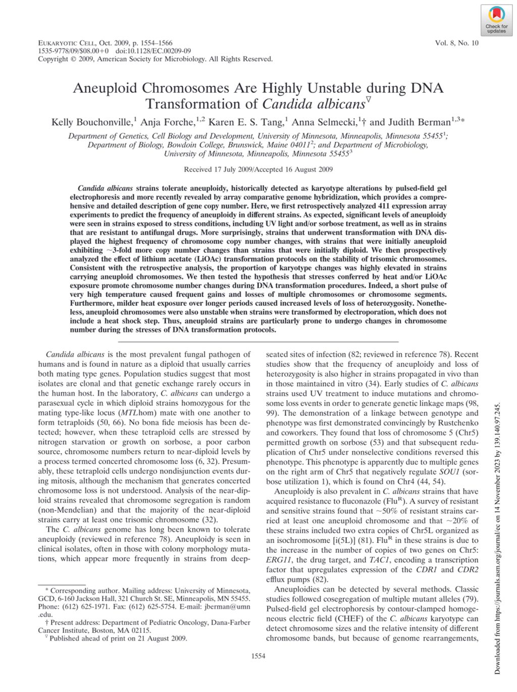 Miniature of Aneuploid chromosomes are highly unstable during DNA transformation of candida albicans∇