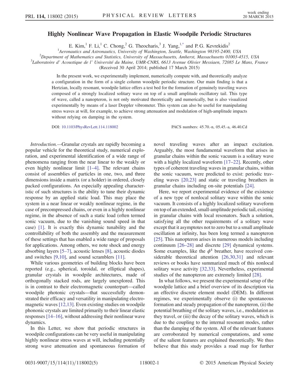 Miniature of Highly nonlinear wave propagation in elastic woodpile periodic structures