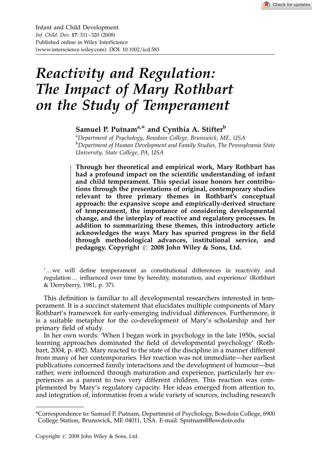 Miniature of Reactivity and regulation: The impact of Mary Rothbart on the study of temperament