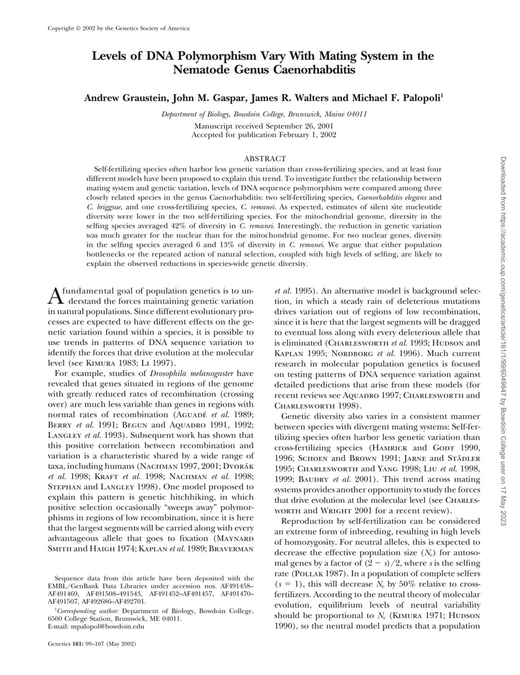 Miniature of Levels of DNA polymorphism vary with mating system in the nematode genus Caenorhabditis