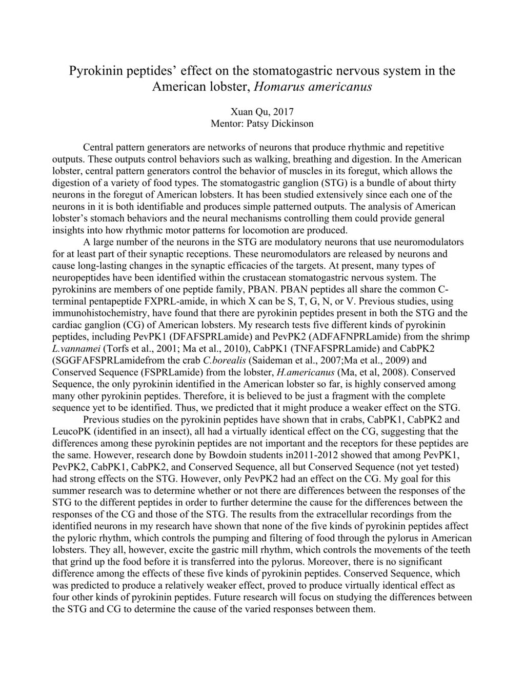 Miniature of Pyrokinin peptides’ effect on the stomatogastric nervous system in the American lobster, Homarus americanus