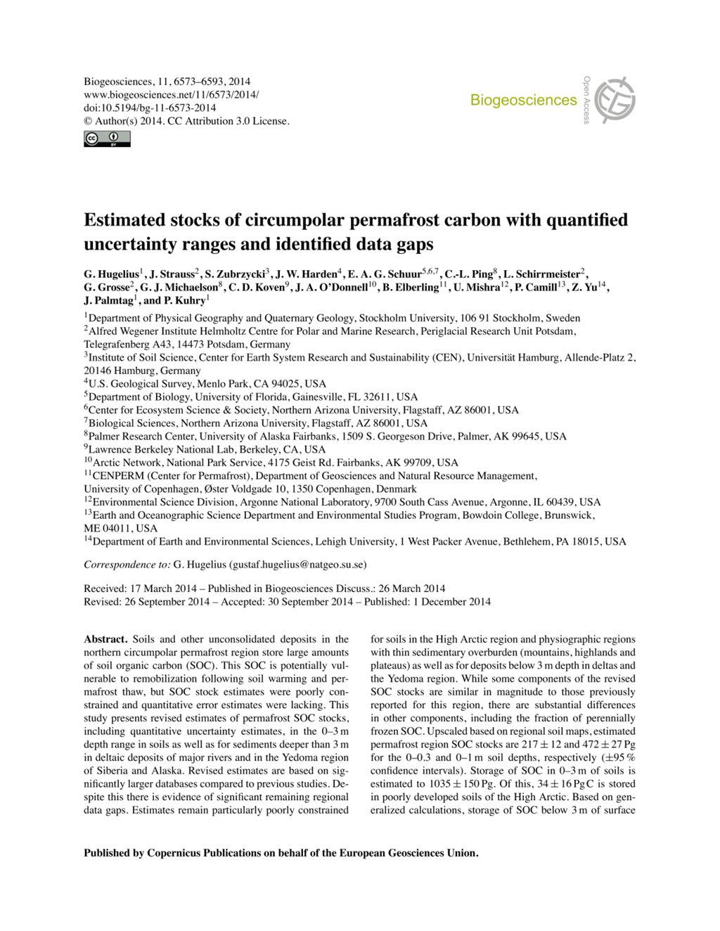 Miniature of Estimated stocks of circumpolar permafrost carbon with quantified uncertainty ranges and identified data gaps