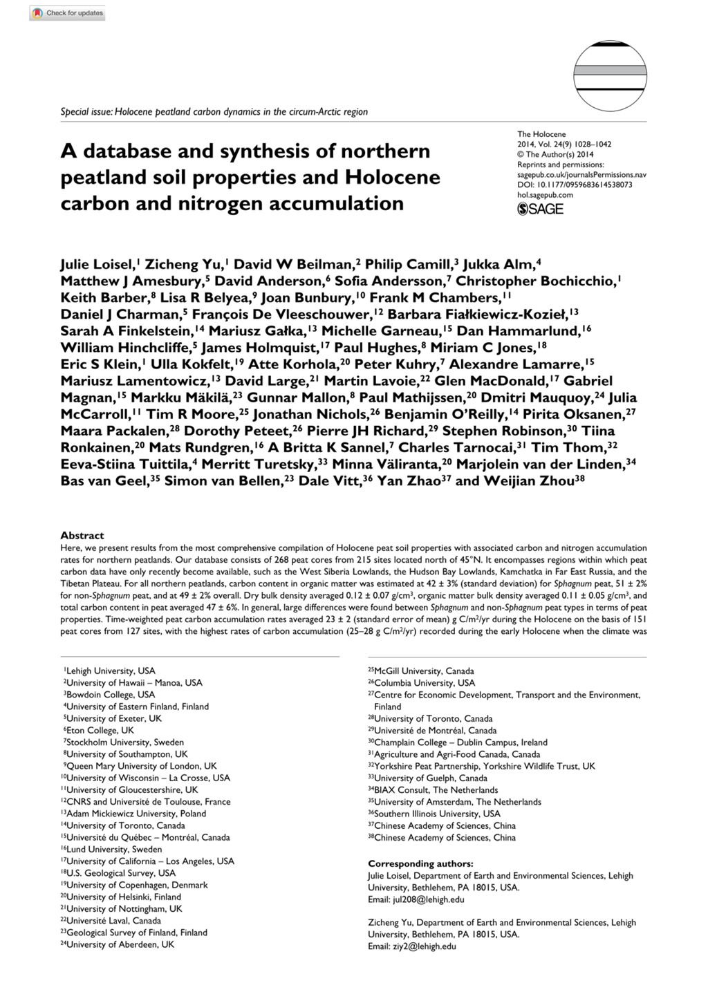 Miniature of A database and synthesis of northern peatland soil properties and Holocene carbon and nitrogen accumulation