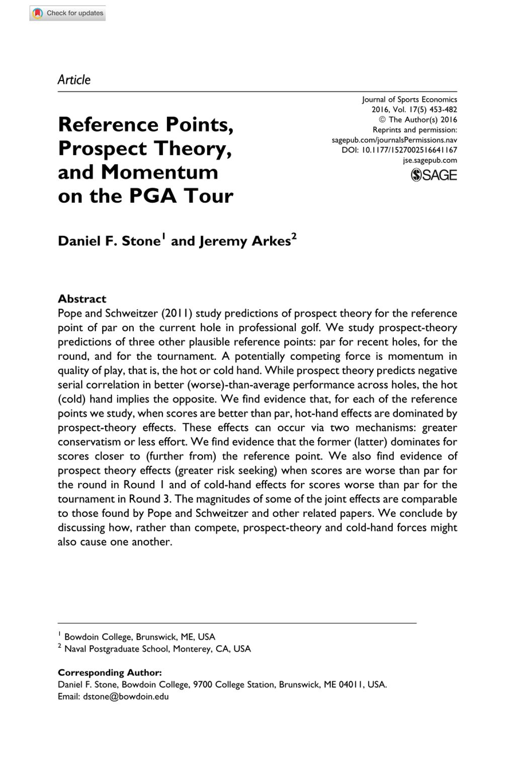 Miniature of Reference Points, Prospect Theory, and Momentum on the PGA Tour