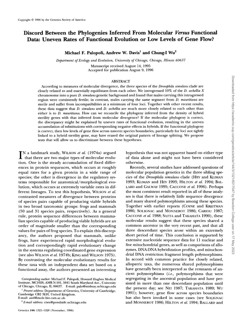 Miniature of Discord between the phylogenies inferred from molecular versus functional data: Uneven rates of functional evolution or low levels of gene flow?