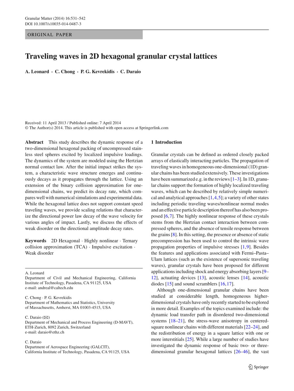 Miniature of Traveling waves in 2D hexagonal granular crystal lattices