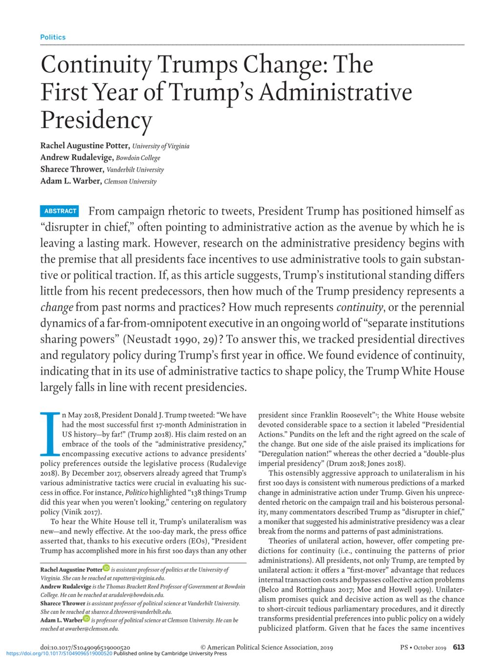 Miniature of Continuity Trumps Change: The First Year of Trump's Administrative Presidency