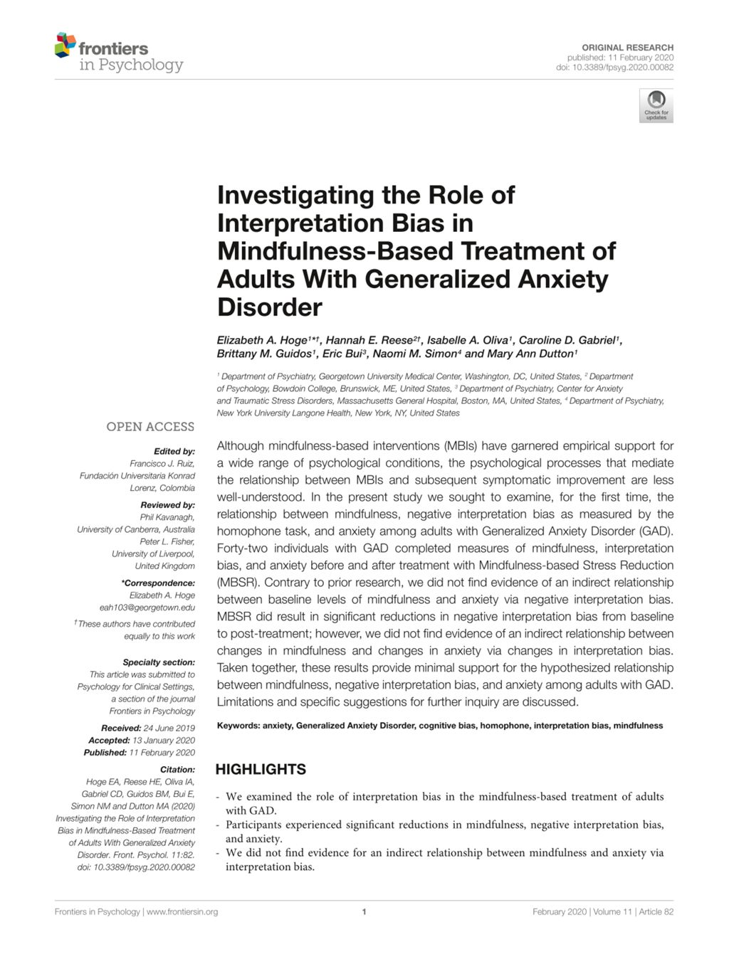 Miniature of Investigating the Role of Interpretation Bias in Mindfulness-Based Treatment of Adults With Generalized Anxiety Disorder