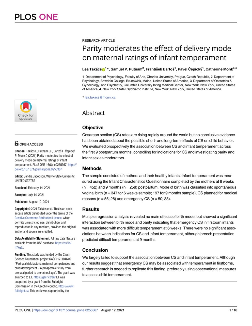 Miniature of Parity moderates the effect of delivery mode on maternal ratings of infant temperament