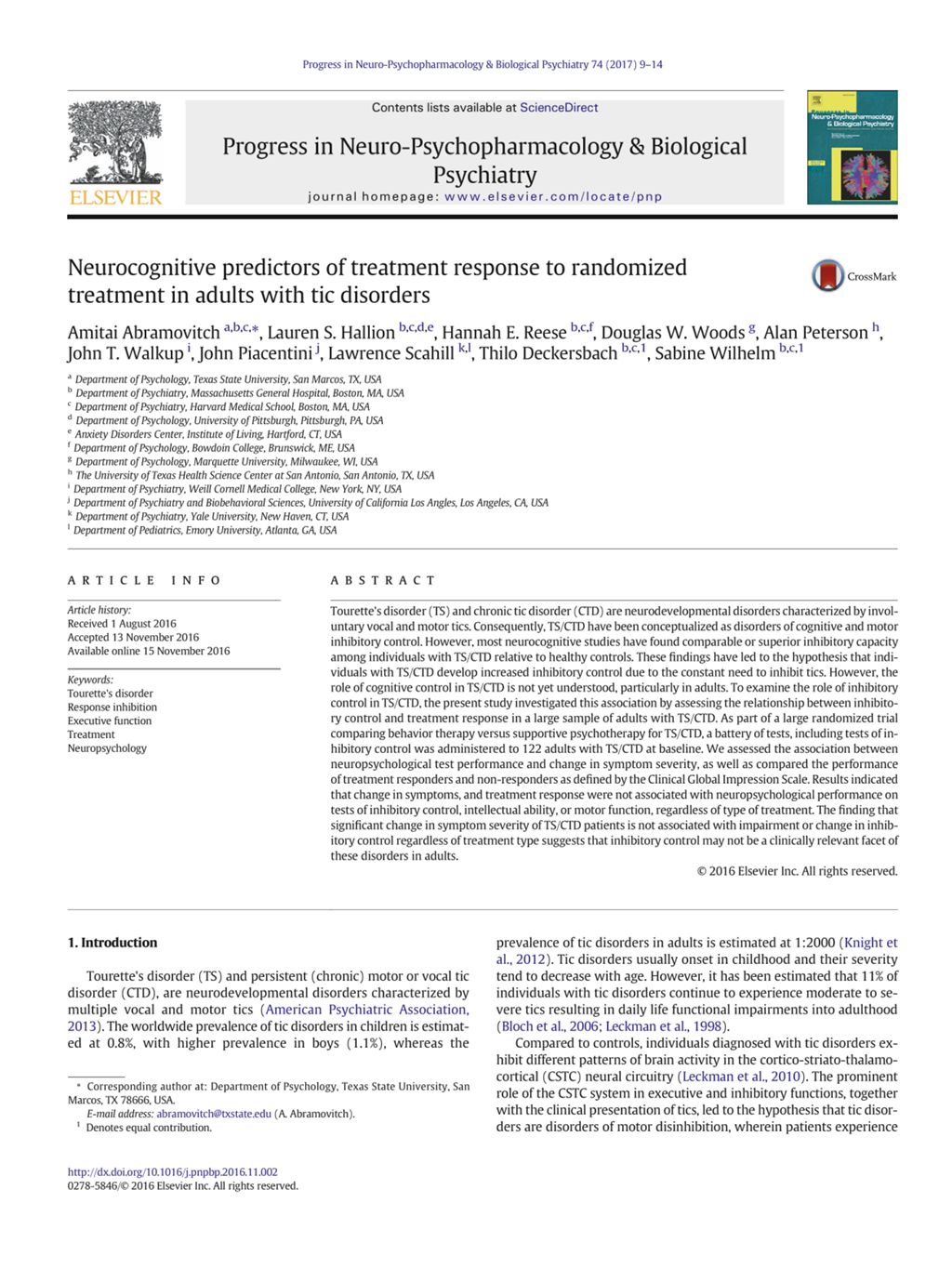 Miniature of Neurocognitive predictors of treatment response to randomized treatment in adults with tic disorders