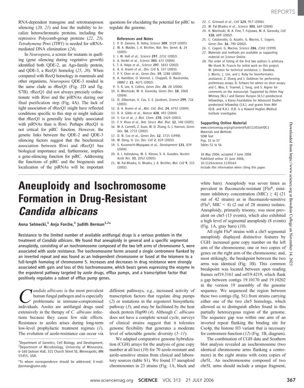 Miniature of Aneuploidy and isochromosome formation in drug-resistant Candida albicans