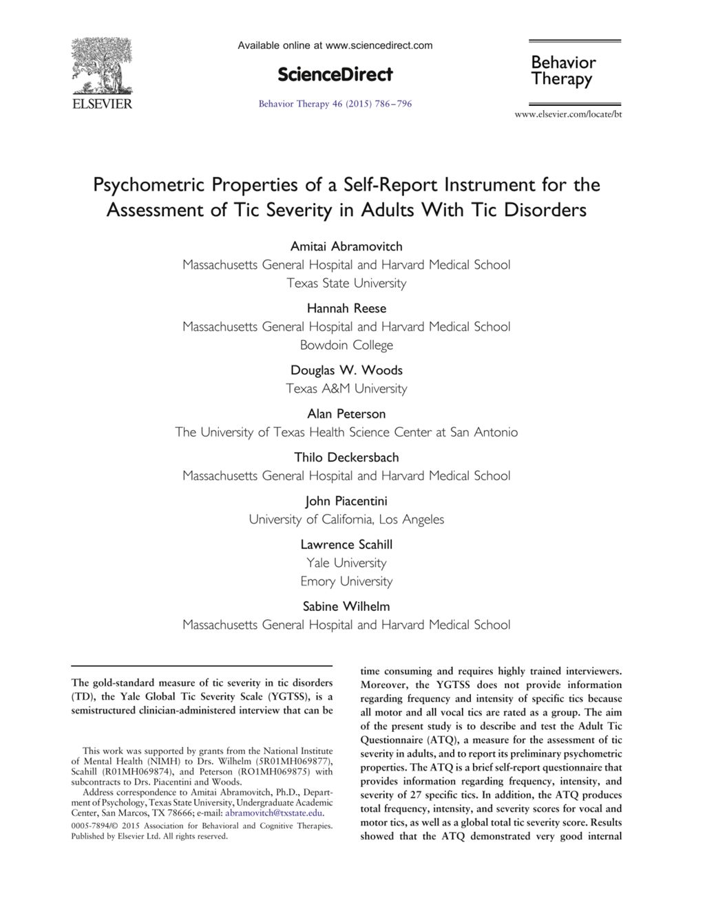 Miniature of Psychometric Properties of a Self-Report Instrument for the Assessment of Tic Severity in Adults With Tic Disorders