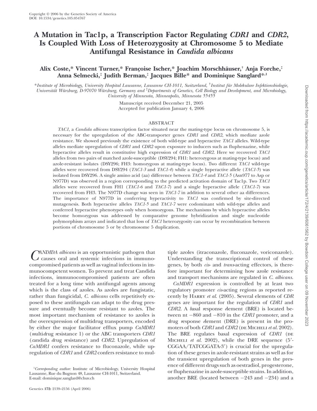 Miniature of A mutation in Tac1p, a transcription factor regulating CDR1 and CDR2, is coupled with loss of heterozygosity at chromosome 5 to mediate antifungal resistance in Candida albicans