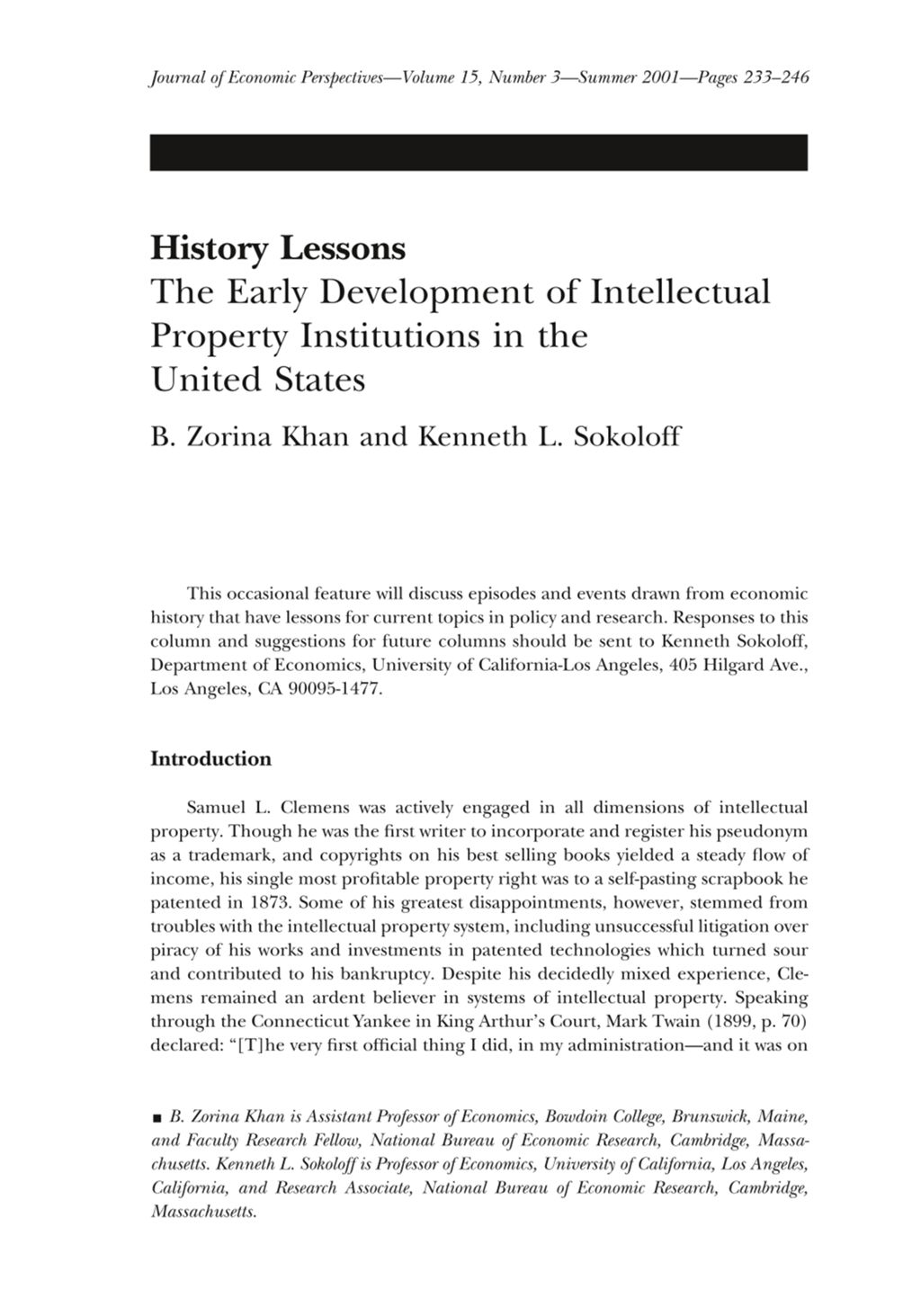 Miniature of History lessons: The early development of intellectual property institutions in the United States