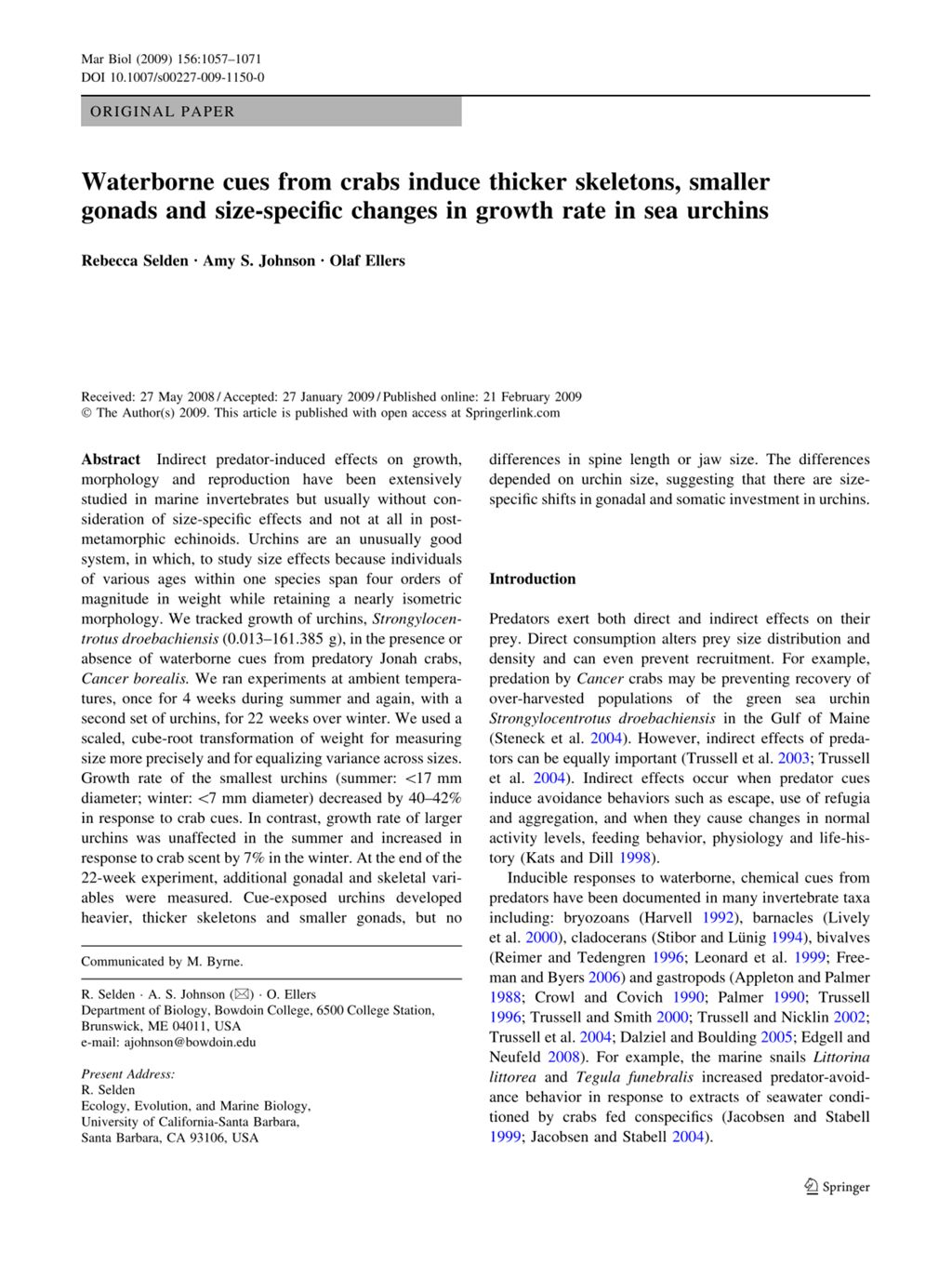 Miniature of Waterborne cues from crabs induce thicker skeletons, smaller gonads and size-specific changes in growth rate in sea urchins