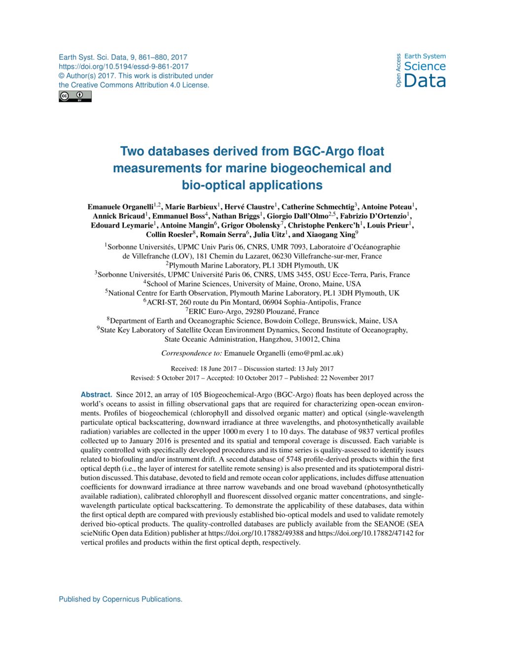 Miniature of Two databases derived from BGC-Argo float measurements for marine biogeochemical and bio-optical applications