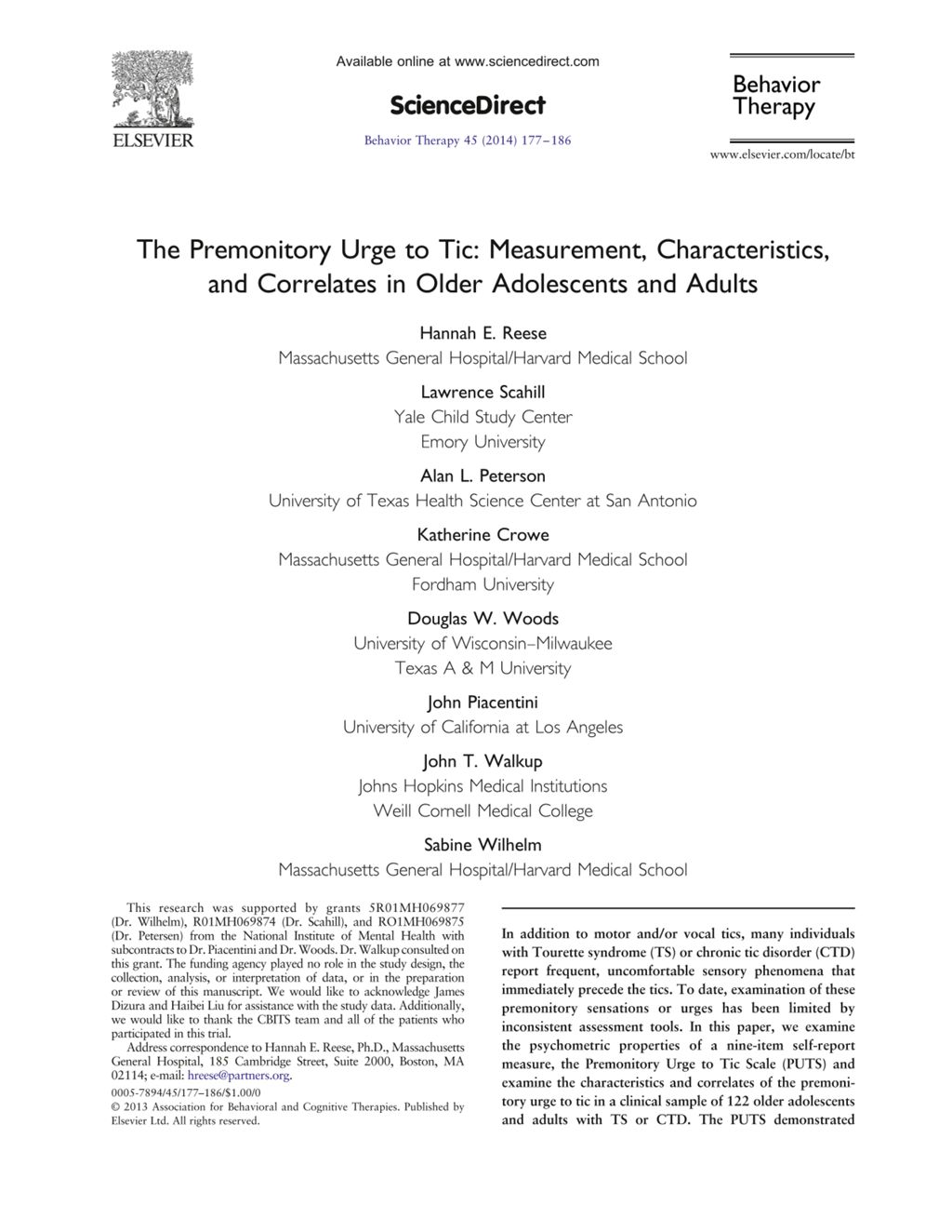 Miniature of The premonitory urge to tic: Measurement, characteristics, and correlates in older adolescents and adults