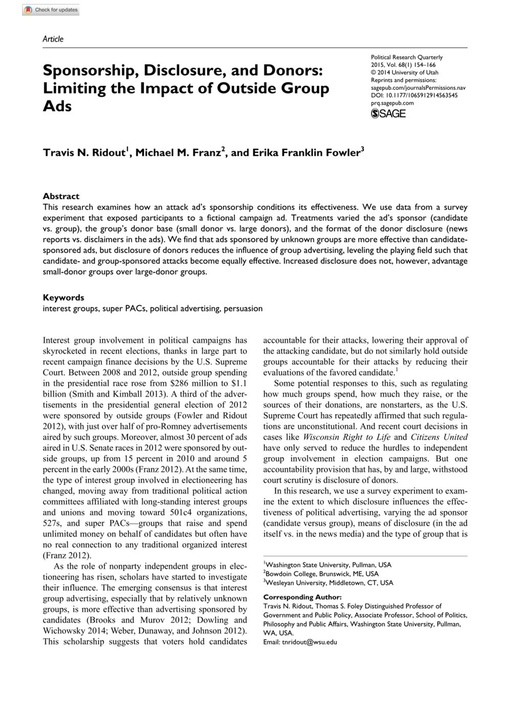 Miniature of Sponsorship, Disclosure, and Donors: Limiting the Impact of Outside Group Ads