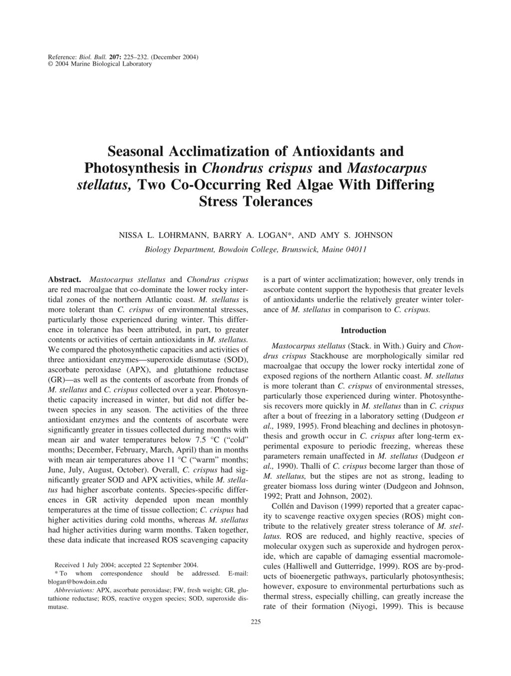 Miniature of Seasonal acclimatization of antioxidants and photosynthesis in Chondrus crispus and Mastocarpus stellatus, two co-occurring red algae with differing stress tolerances