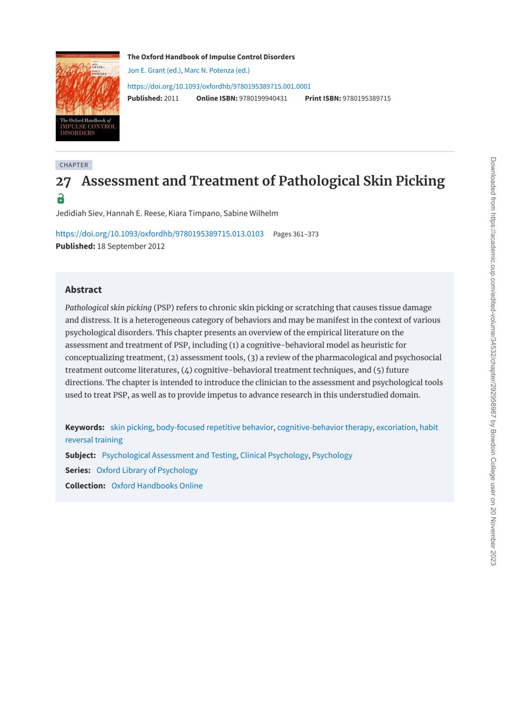 Miniature of Assessment and Treatment of Pathological Skin Picking