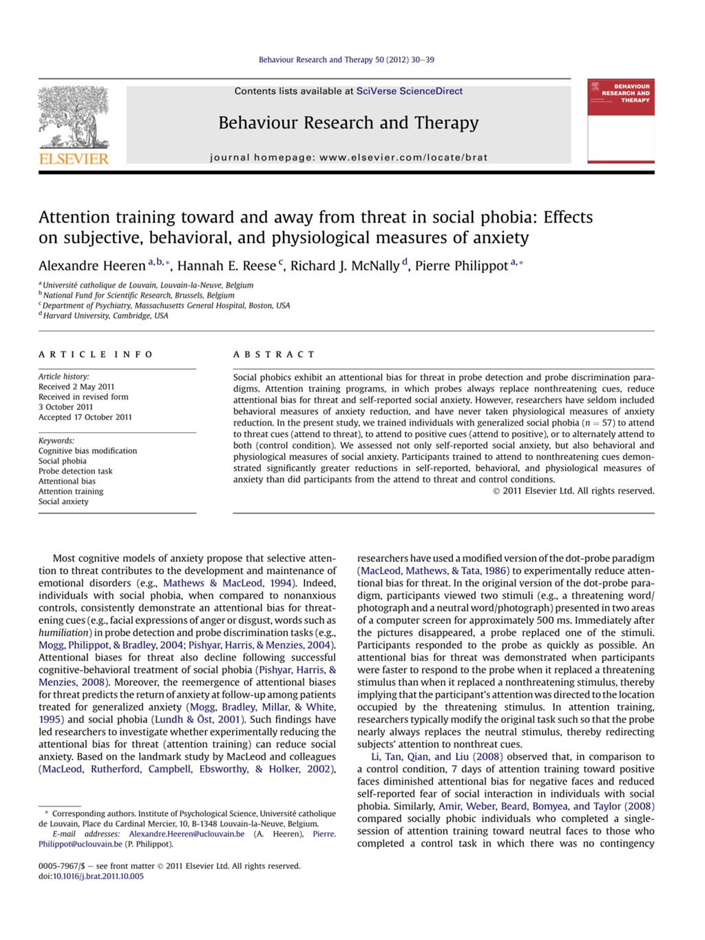 Miniature of Attention training toward and away from threat in social phobia: Effects on subjective, behavioral, and physiological measures of anxiety