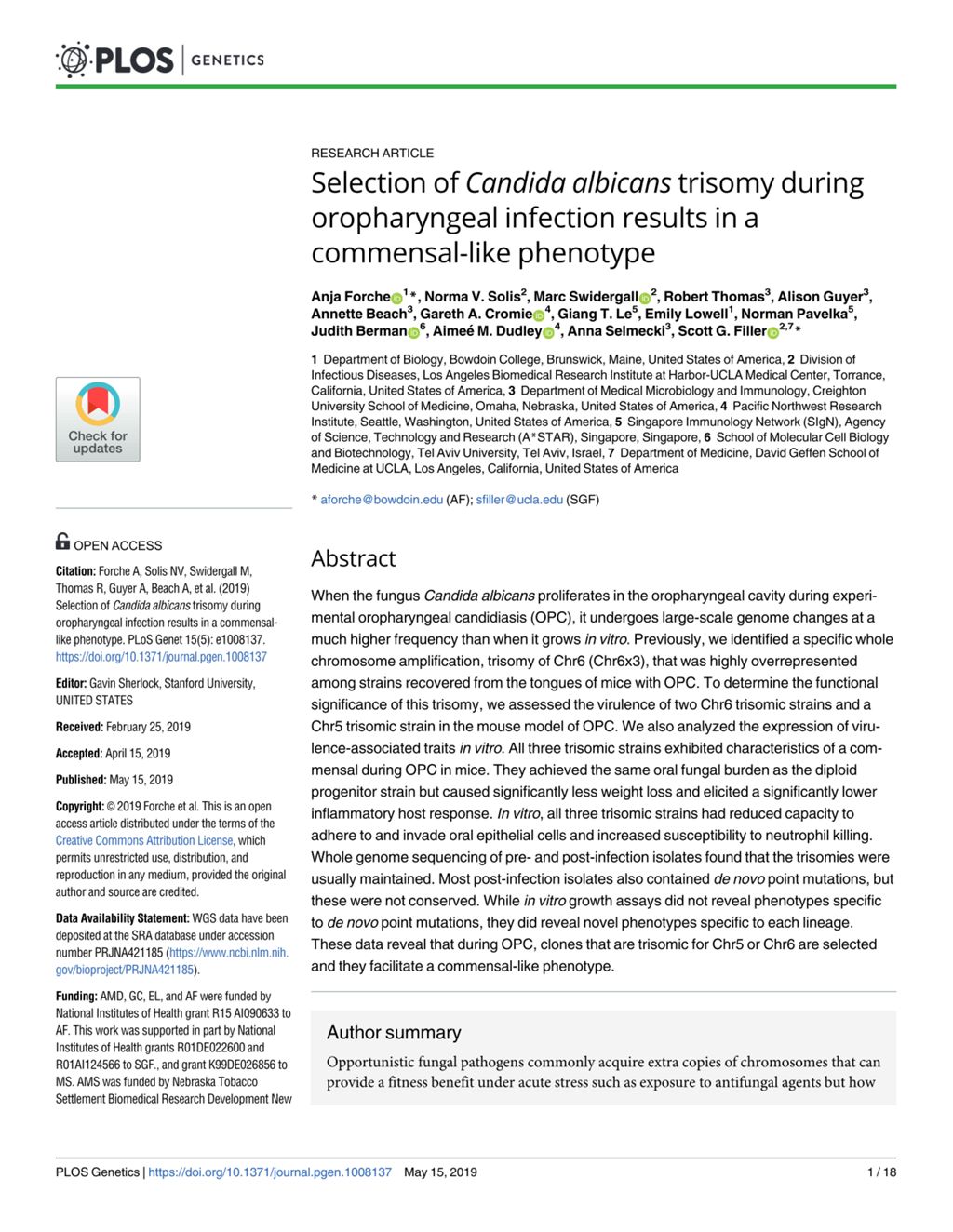 Miniature of Selection of Candida albicans trisomy during oropharyngeal infection results in a commensal-like phenotype