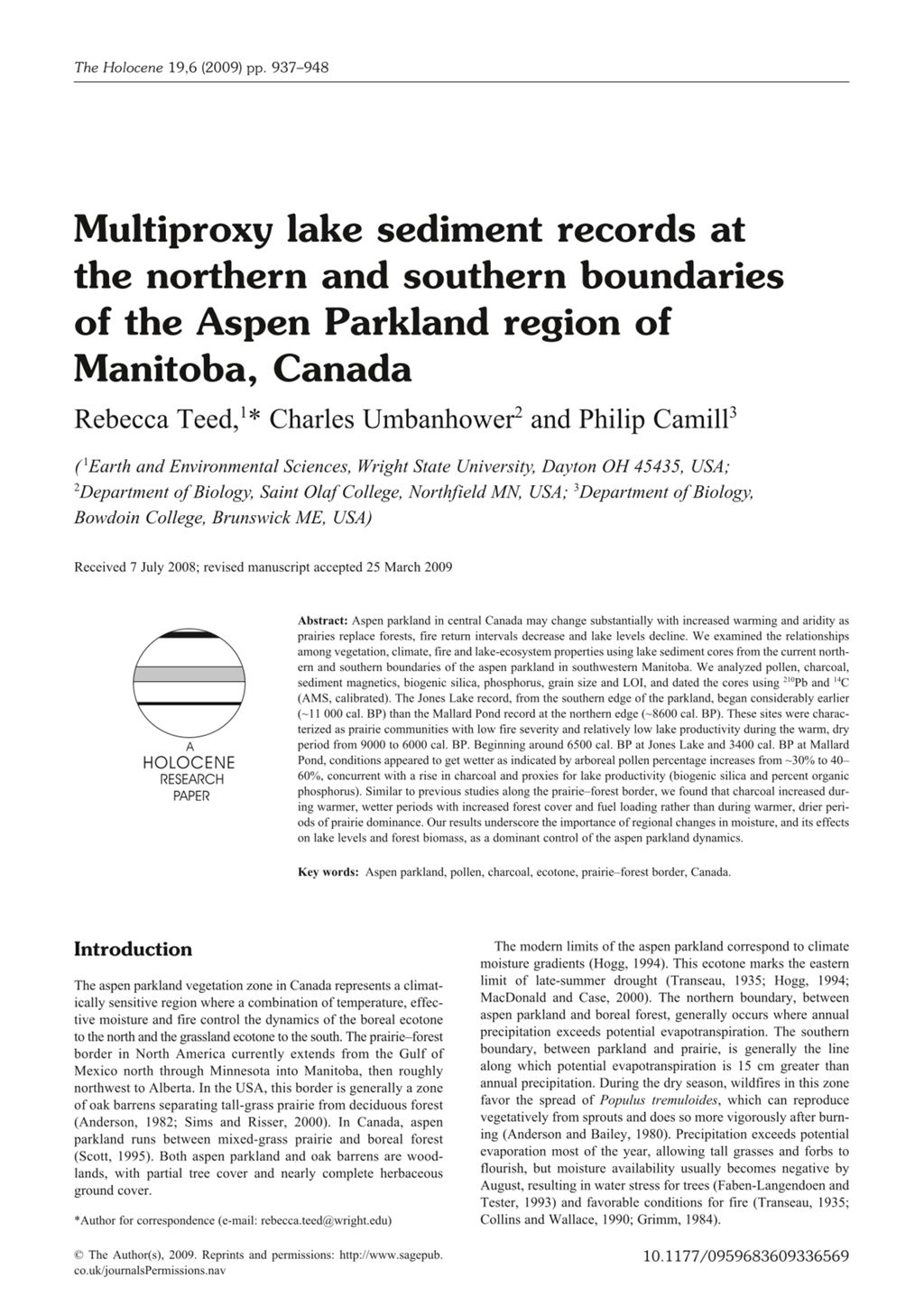 Miniature of Multiproxy lake sediment records at the northern and southern boundaries of the Aspen Parkland region of Manitoba, Canada