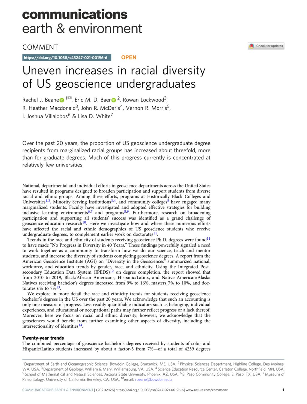 Miniature of Uneven Increases in Racial Diversity of US Geoscience Undergraduates