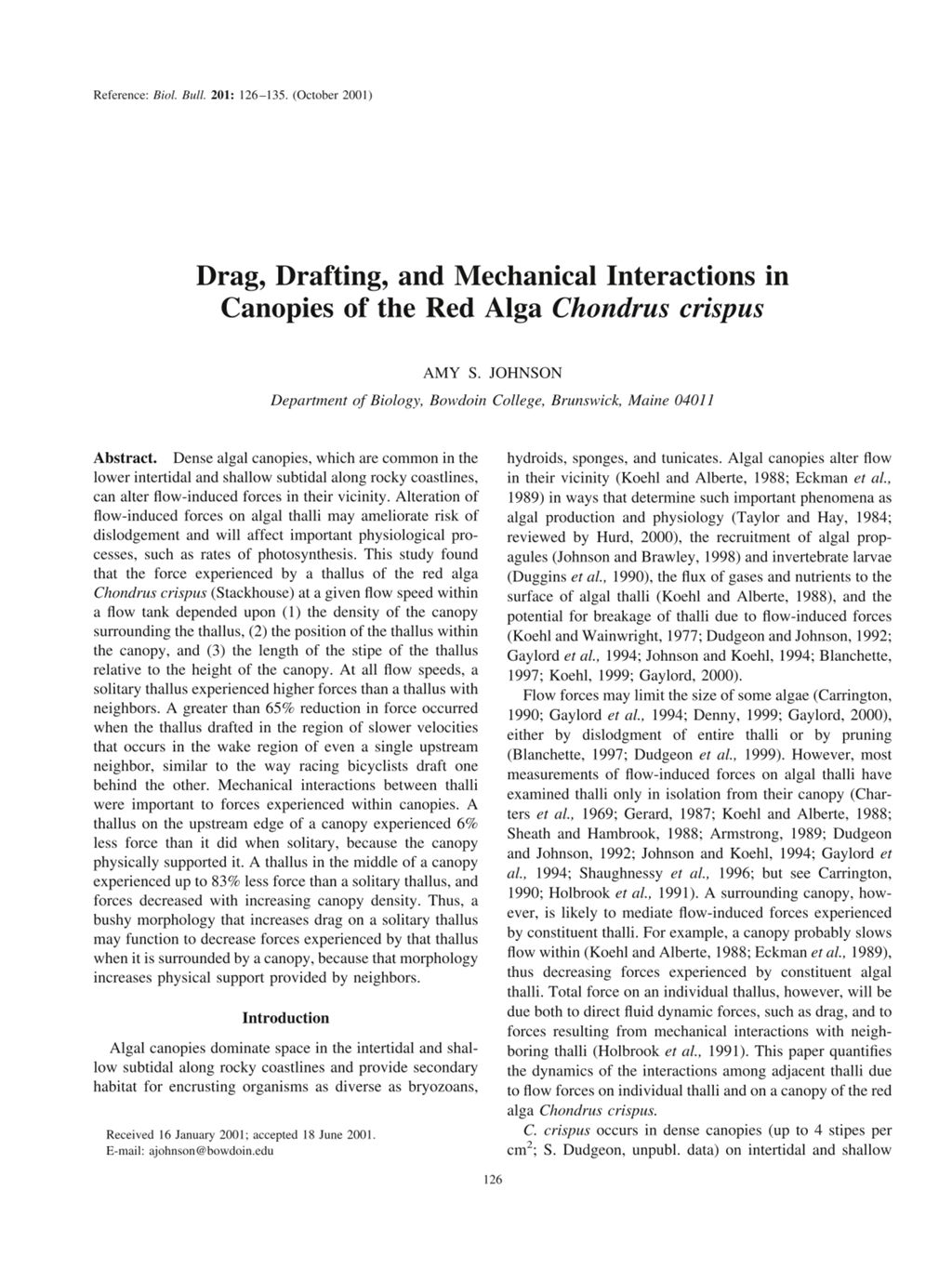 Miniature of Drag, drafting, and mechanical interactions in canopies of the red alga Chondrus crispus