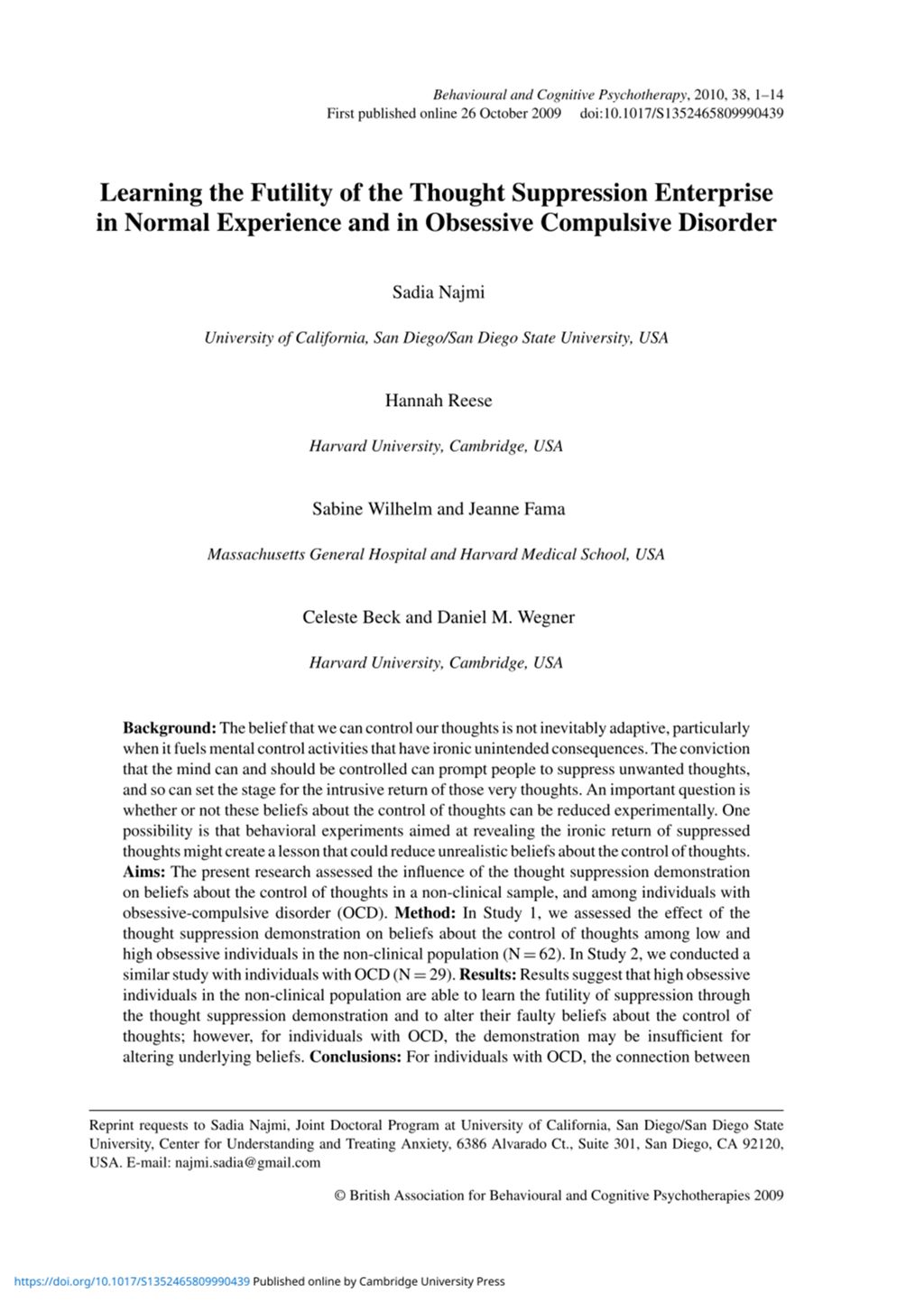 Miniature of Learning the futility of the thought suppression enterprise in normal experience and in obsessive compulsive disorder