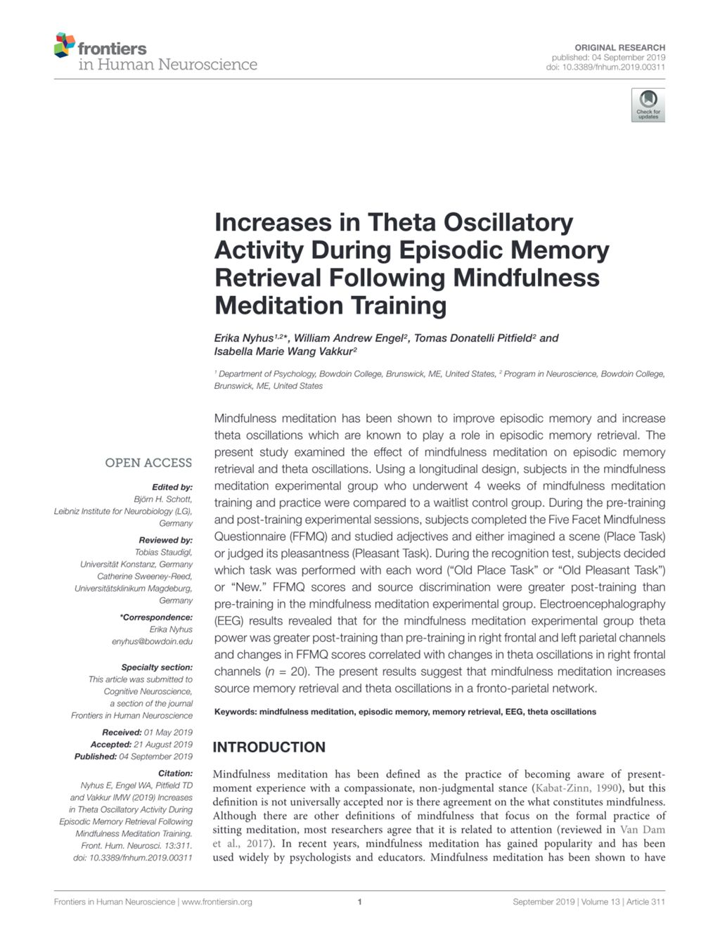 Miniature of Increases in Theta Oscillatory Activity During Episodic Memory Retrieval Following Mindfulness Meditation Training