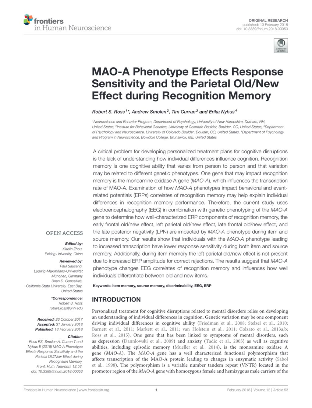 Miniature of MAO-A phenotype effects response sensitivity and the parietal old/new effect during recognition memory