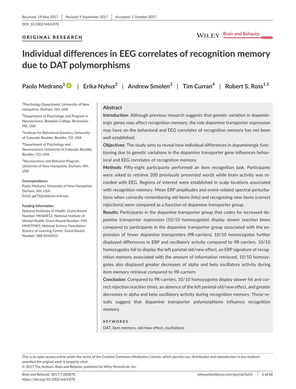 Miniature of Individual differences in EEG correlates of recognition memory due to DAT polymorphisms