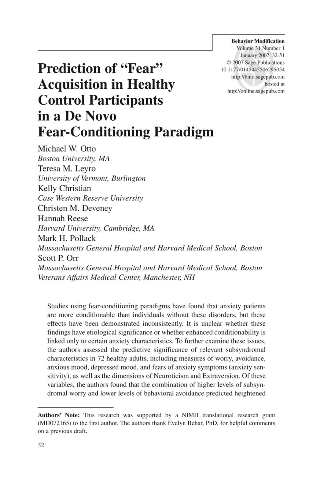 Miniature of Prediction of "fear" acquisition in healthy control participants in a de novo fear-conditioning paradigm