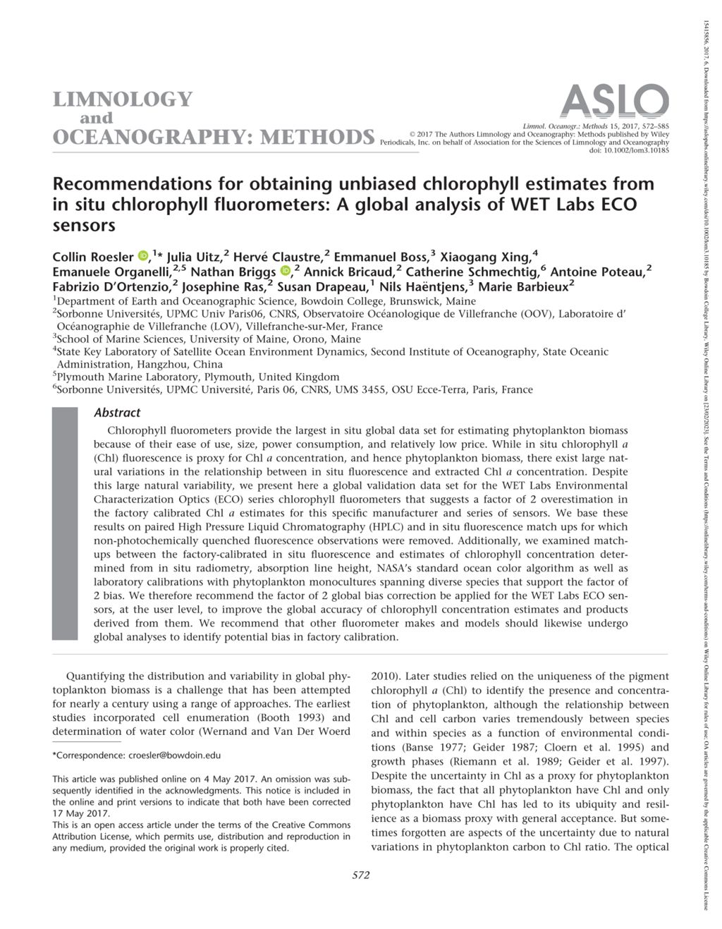 Miniature of Recommendations for obtaining unbiased chlorophyll estimates from in situ chlorophyll fluorometers: A global analysis of WET Labs ECO sensors