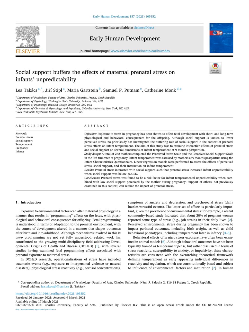 Miniature of Social support buffers the effects of maternal prenatal stress on infants' unpredictability