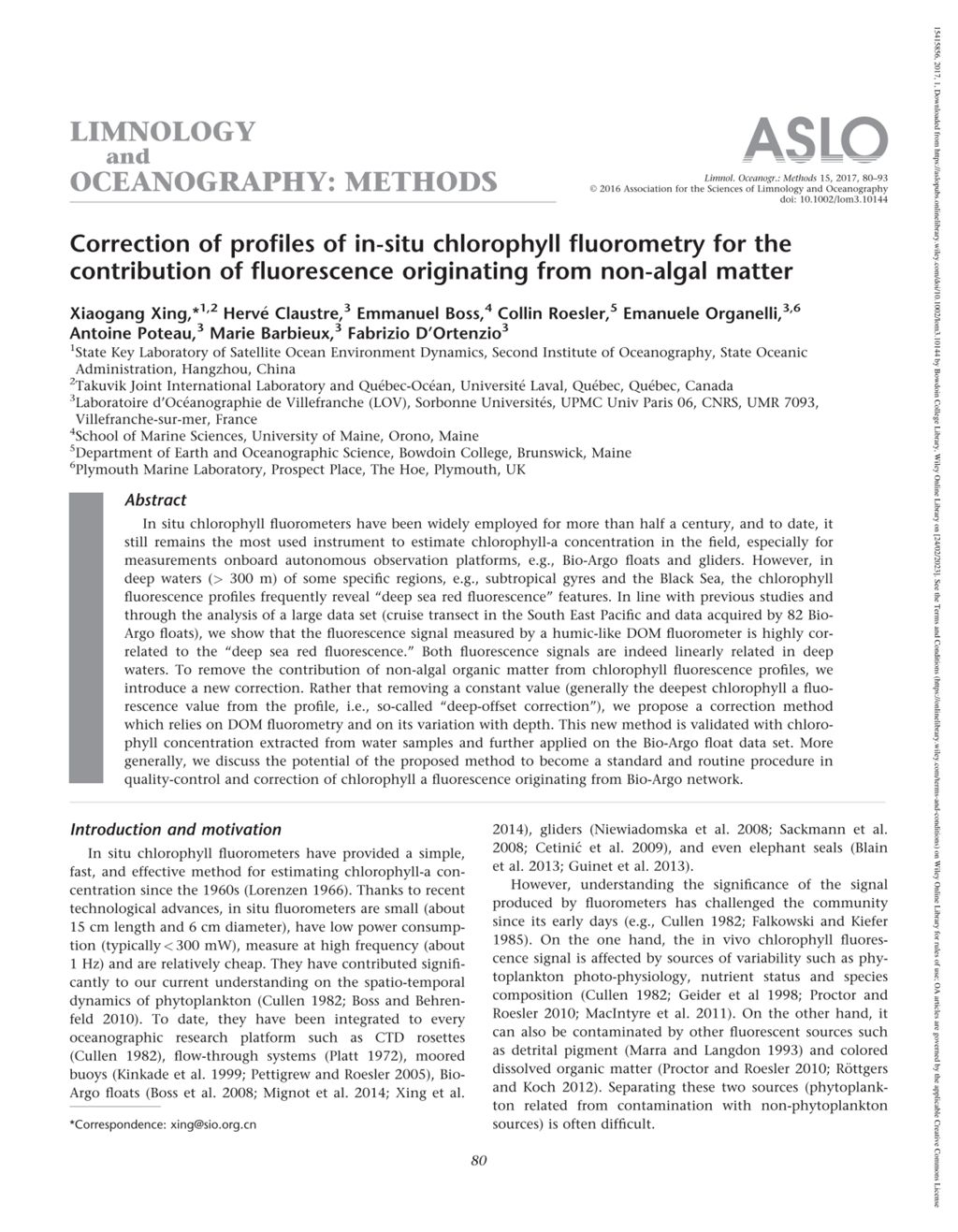 Miniature of Correction of profiles of in-situ chlorophyll fluorometry for the contribution of fluorescence originating from non-algal matter