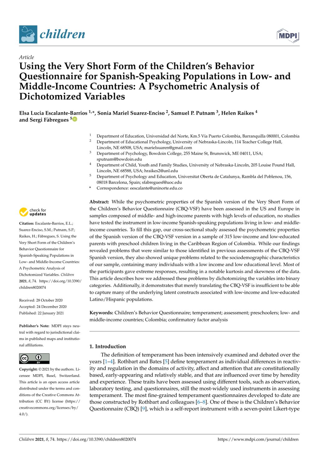 Miniature of Using the very short form of the children’s behavior questionnaire for spanish-speaking populations in low-and middle-income countries: A psychometric analysis of dichotomized variables