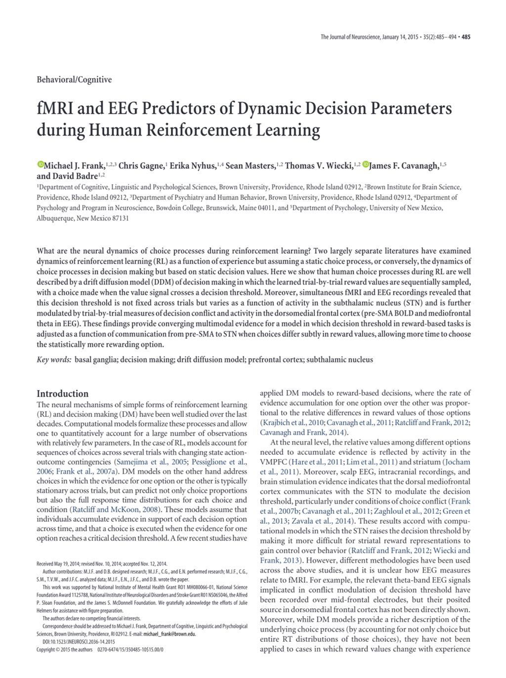 Miniature of FMRI and EEG predictors of dynamic decision parameters during human reinforcement learning