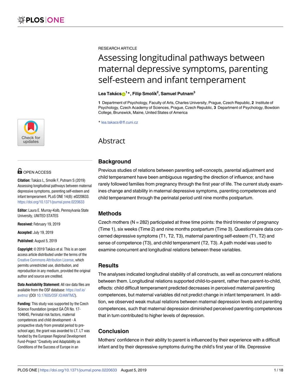 Miniature of Assessing longitudinal pathways between maternal depressive symptoms, parenting self-esteem and infant temperament