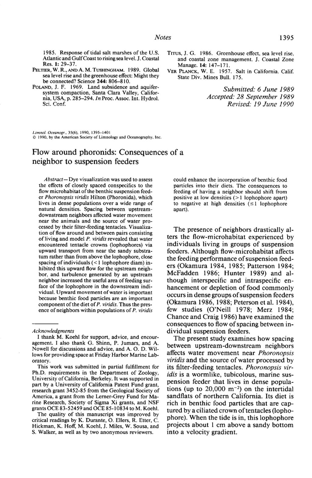 Miniature of Flow around phoronids: Consequnces of a neighbor to suspension feeders