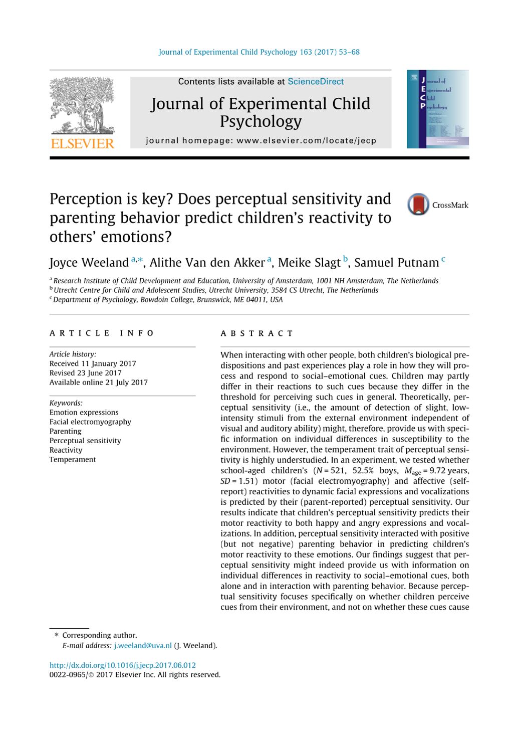 Miniature of Perception is key? Does perceptual sensitivity and parenting behavior predict children's reactivity to others’ emotions?