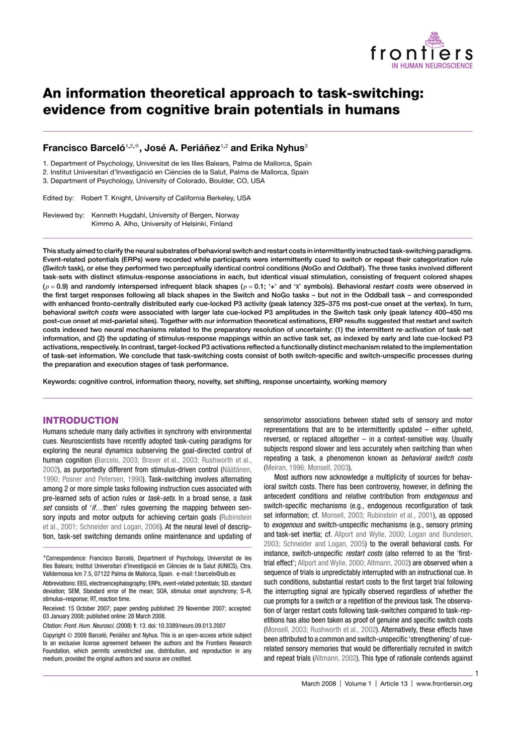 Miniature of An information theoretical approach to task-switching: Evidence from cognitive brain potentials in humans