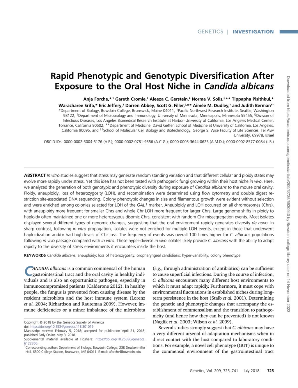 Miniature of Rapid phenotypic and genotypic diversification after exposure to the oral host niche in candida albicans