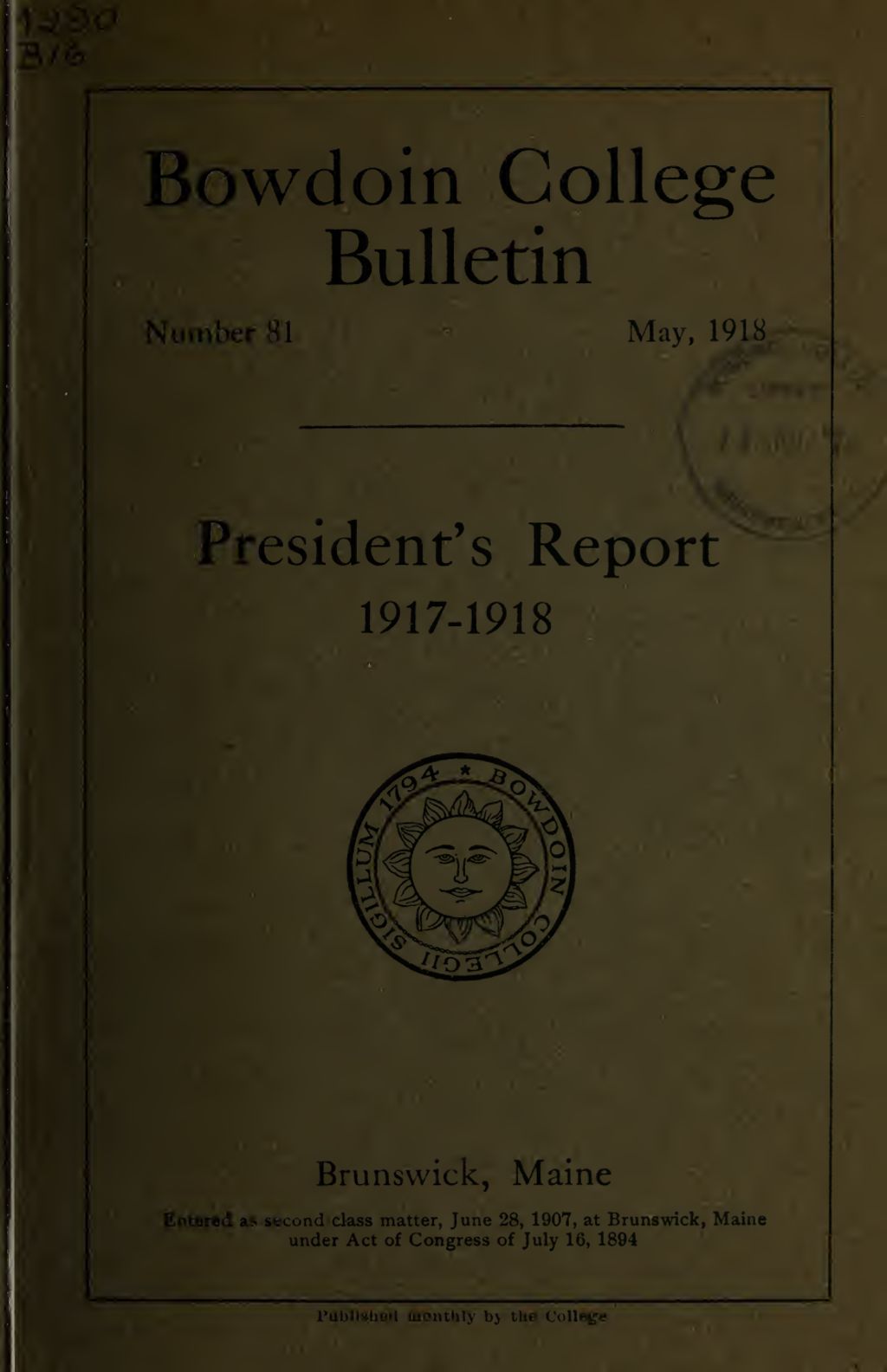 Miniature of Report of the President, Bowdoin College 1917-1918