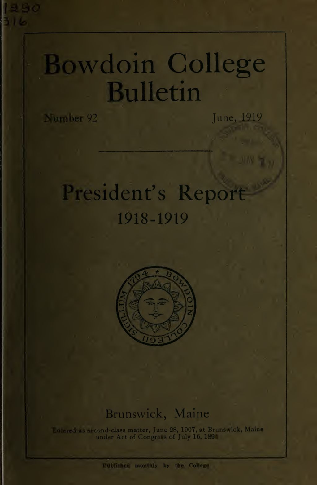 Miniature of Report of the President, Bowdoin College 1918-1919