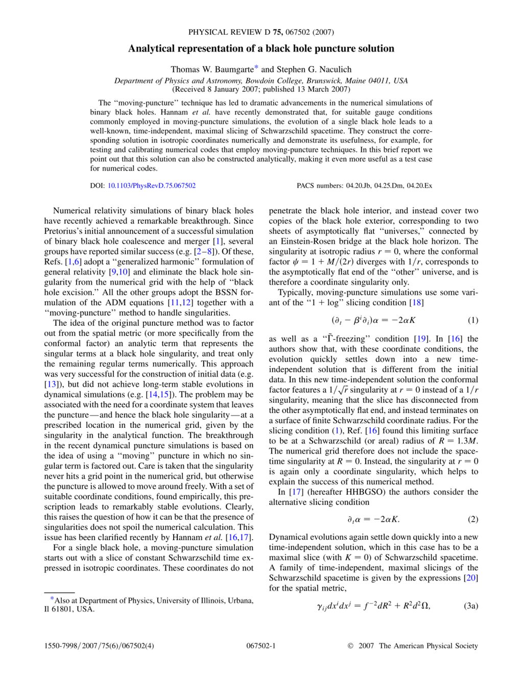 Miniature of Analytical representation of a black hole puncture solution